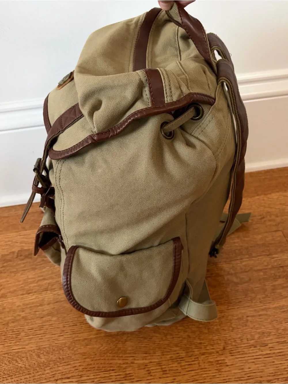 Serbags Washed Vintage-Looking Fashion Canvas Backpack Bag Leather Trim Beige